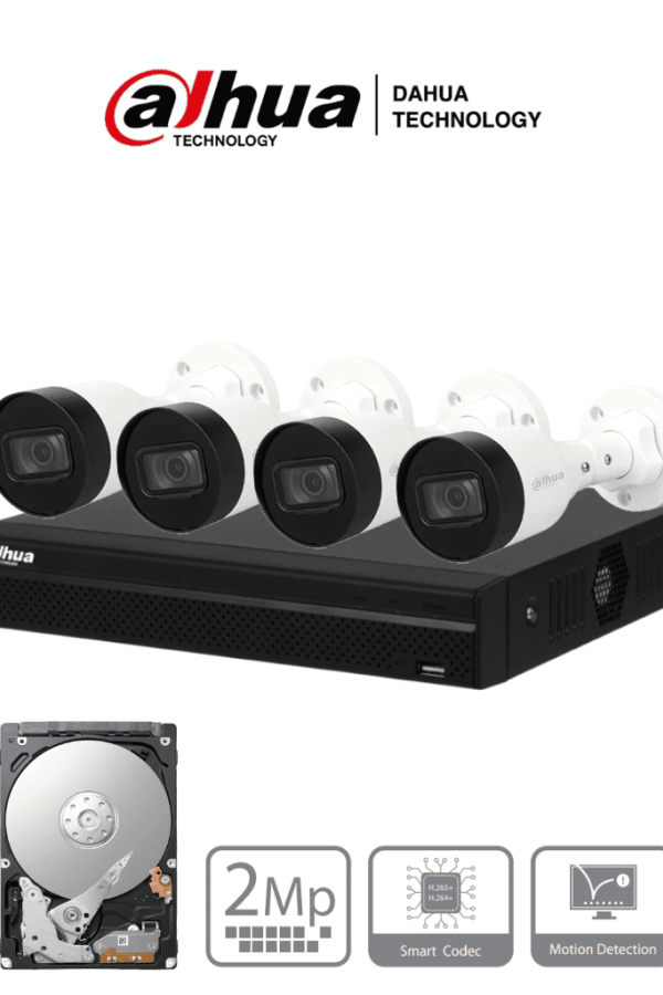 DAHUA KITNVR1104HS-P+4C1TB- Kit IP de 4 canales con NVR con 4 puertos PoE, 1TB de almacenamiento, y 4 cámaras bullet de 2MP con IR de 30 metros y clasificación IP67 para exteriores. Ideal para una vigilancia eficiente y robusta.